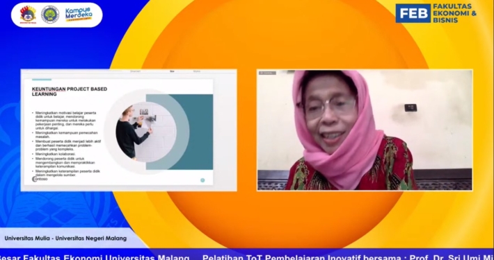 Prof. Dr. Sri Umi Mintarti W dari Universitas Negeri Malang saat memberikan paparan tentang Pembelajaran Inovatif di Universitas Mulia. Foto: Tangkapan layar