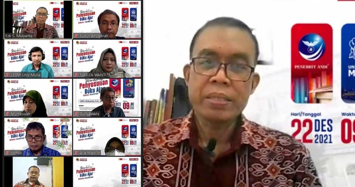 Edi S. Mulyanta dari Penerbit Andi Yogyakarta saat memaparkan presentasinya. Foto: Tangkapan layar