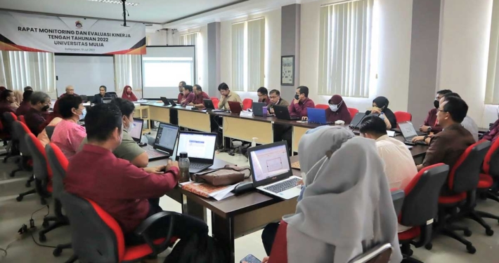 Rapat Monitoring dan Evaluasi Kinerja Tengah Tahunan 2022 bertempat di Ruang Eksekutif White Campus, Selasa (19/7). Foto: Media Kreatif