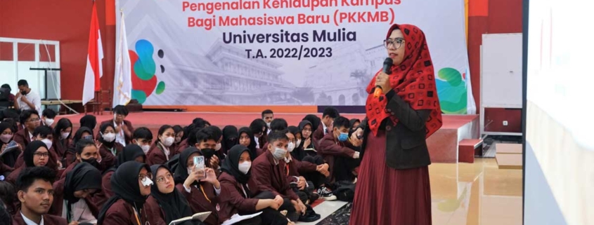 Salah satu kegiatan PKKMB saat penyampaian materi oleh Okta Nofia Sari SH MH, Dosen dan Ketua Program Studi Ilmu Hukum, Senin (29/8). Foto: Fian