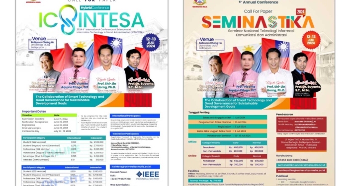 Poster informasi ICSINTESA dan SEMINASTIKA 2024 di Universitas Mulia, 12-13 Juli 2024.