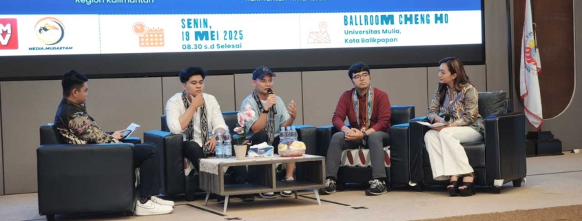 Panel diskusi yang dimoderatori oleh Talitha Aufa, Putri Indonesia Intelegensia Kaltim 2023 dan Aris (BEM Universitas Mulia) ini menjadi puncak pencerahan bagi para mahasiswa. Ketiga narasumber, yaitu Tama, Kevin Laoh, dan Wirangga Foto: Media Kreatif